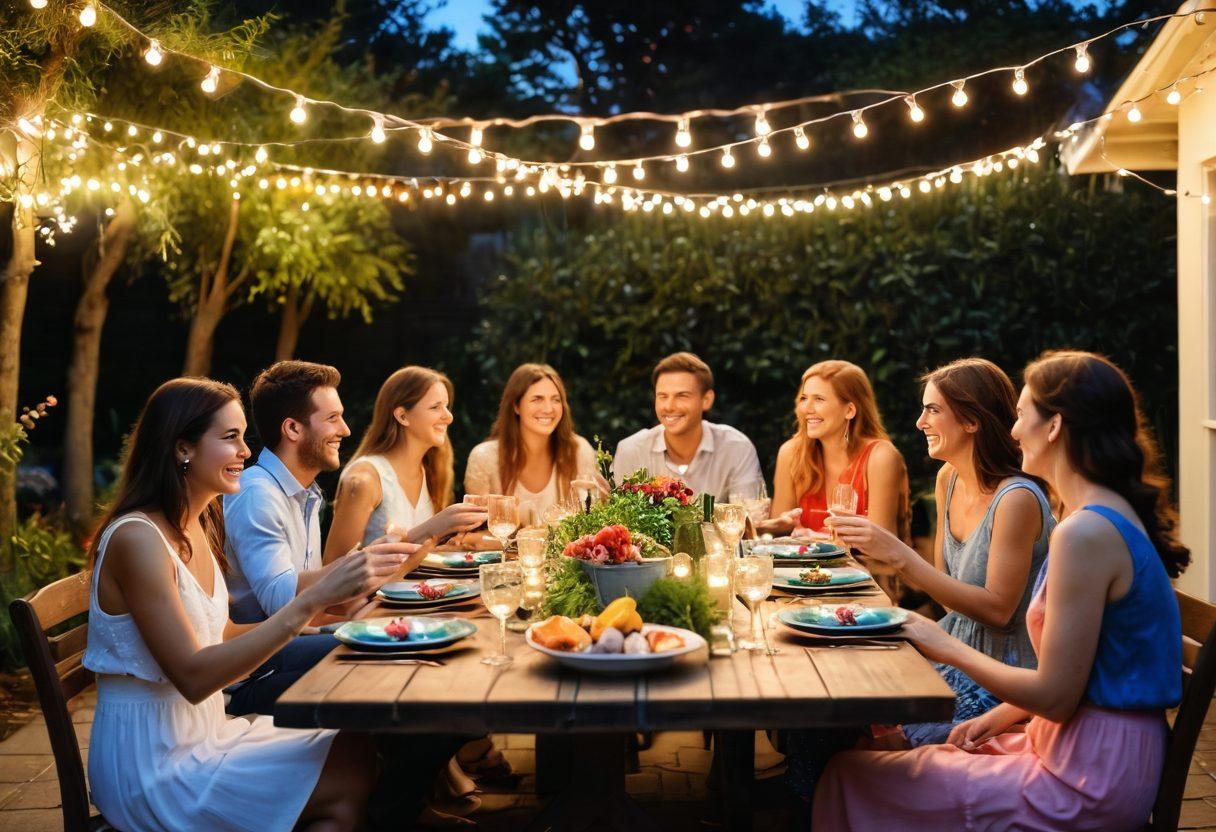 A beautifully set outdoor dining table adorned with colorful dishes and sparkling glasses, surrounded by friends and family laughing and enjoying a meal. Fairy lights twinkle above, casting a warm glow on the scene, while lush greenery decorates the background. Capture the essence of joy and togetherness, with expressions of delight on everyone's faces. painting. vibrant colors. soft focus.
