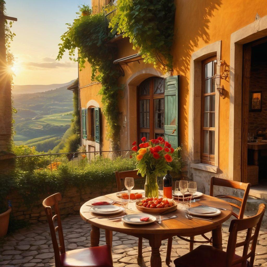 A charming Italian dining scene in Bagnidelfino, featuring a beautifully set wooden table with rustic plates of local cuisine, vibrant fresh ingredients, and a bottle of red wine. The background captures the sun setting over the rolling hills, enhancing the warm ambiance. Include smiling diners enjoying their meal and colorful Italian decorations around. super-realistic. vibrant colors. soft lighting.
