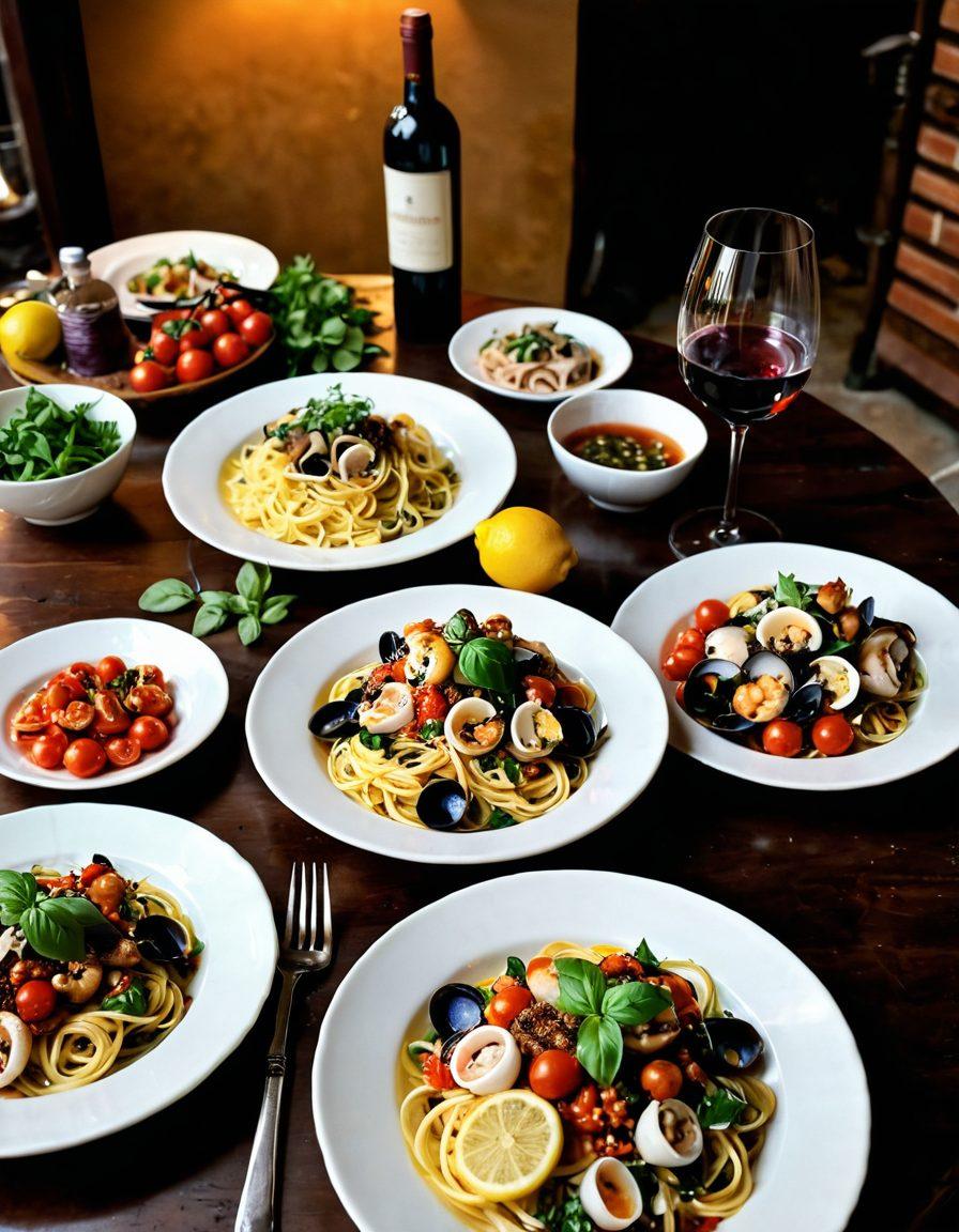A beautifully arranged table setting featuring an array of authentic Italian seafood dishes, including plates of spaghetti alle vongole, grilled octopus, and caprese salad, all served with fresh herbs and vibrant colors. In the background, a rustic Italian restaurant ambiance with warm lighting and wine bottles adds to the experience. Elements of fresh local ingredients like tomatoes, basil, and lemons scattered around enhance the theme of local flavors. The scene invites you to indulge in a gourmet journey through the heart of Italy. super-realistic. vibrant colors. warm lighting.